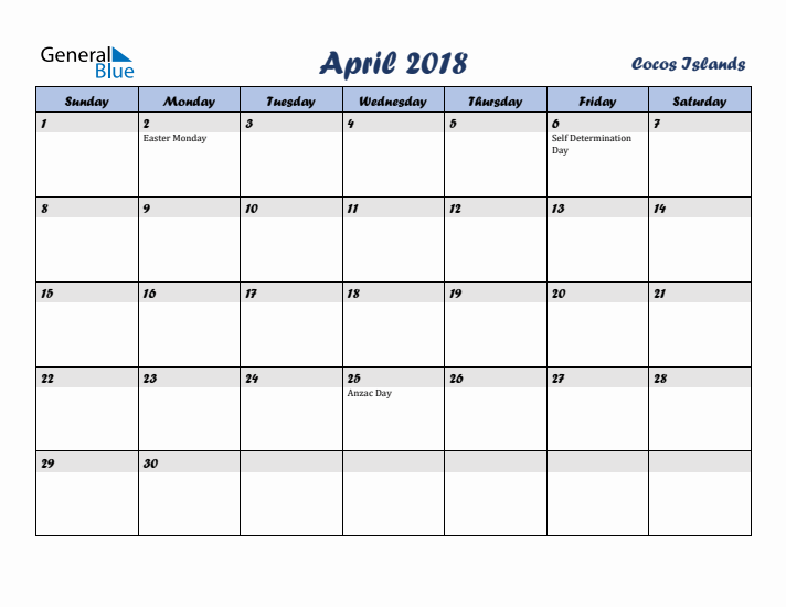 April 2018 Calendar with Holidays in Cocos Islands