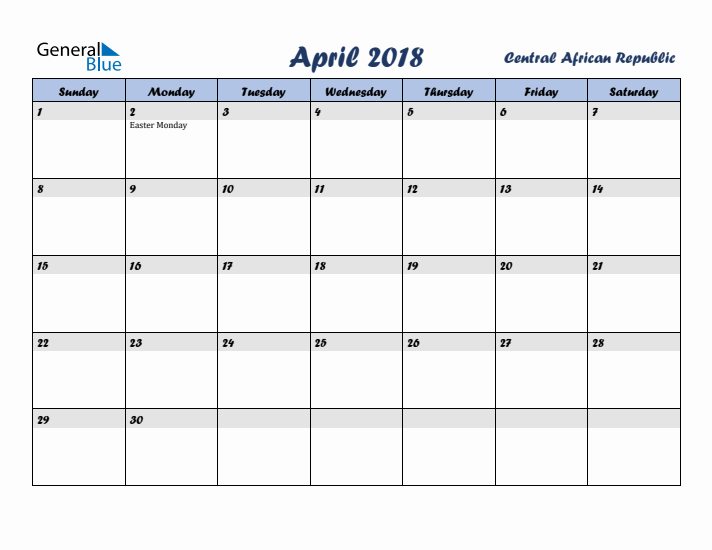 April 2018 Calendar with Holidays in Central African Republic