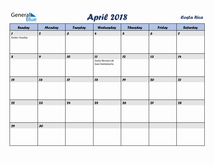 April 2018 Calendar with Holidays in Costa Rica