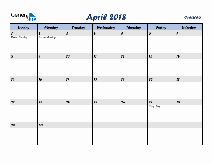 April 2018 Calendar with Holidays in Curacao