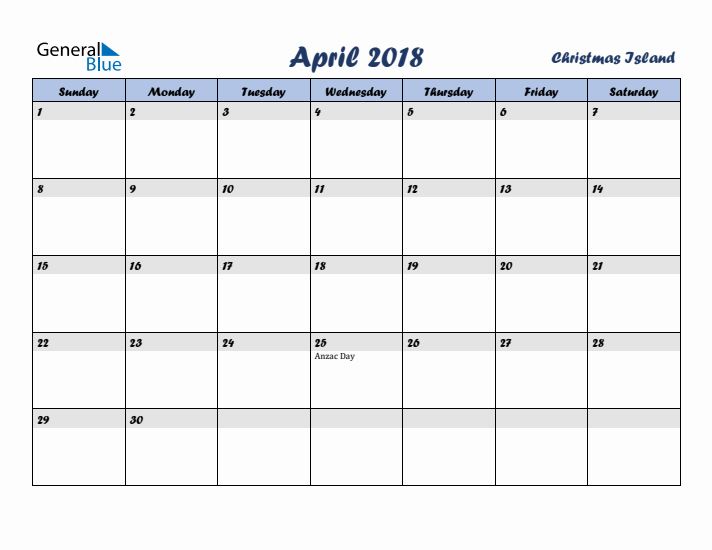 April 2018 Calendar with Holidays in Christmas Island