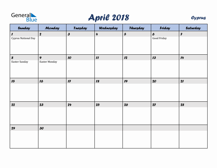April 2018 Calendar with Holidays in Cyprus