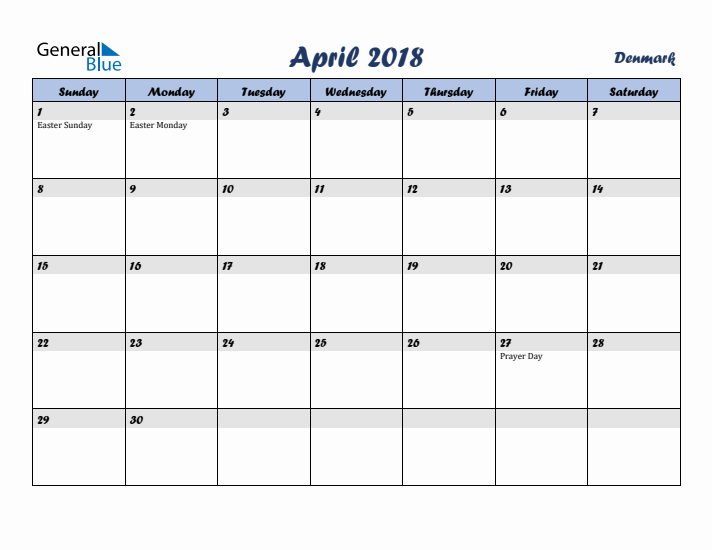 April 2018 Calendar with Holidays in Denmark
