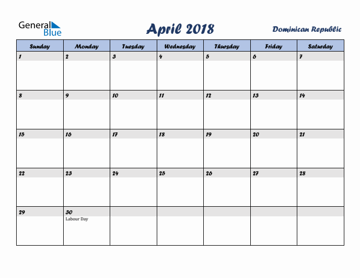April 2018 Calendar with Holidays in Dominican Republic