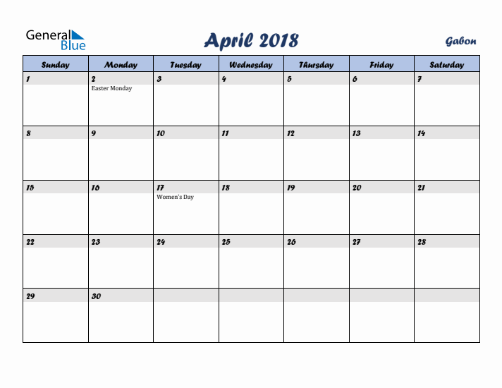 April 2018 Calendar with Holidays in Gabon