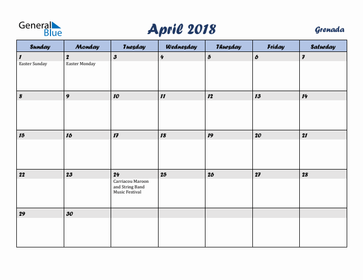 April 2018 Calendar with Holidays in Grenada