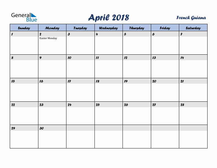 April 2018 Calendar with Holidays in French Guiana