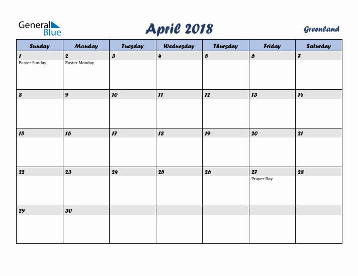 April 2018 Calendar with Holidays in Greenland