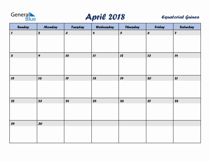 April 2018 Calendar with Holidays in Equatorial Guinea