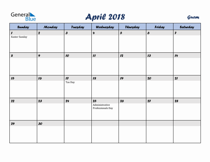 April 2018 Calendar with Holidays in Guam