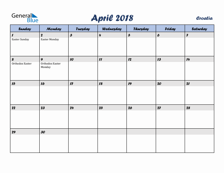 April 2018 Calendar with Holidays in Croatia