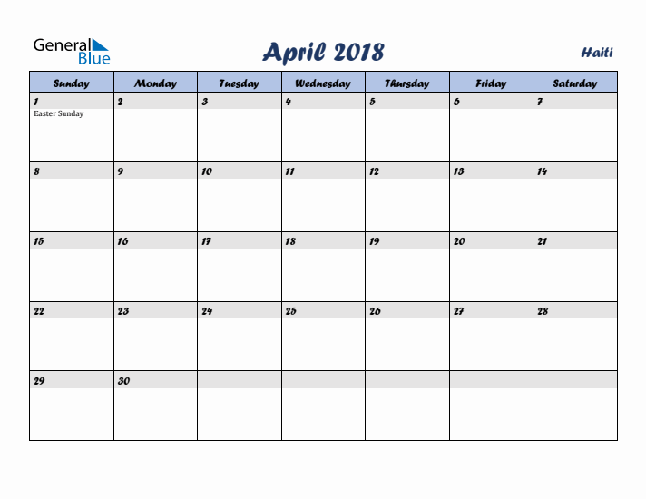 April 2018 Calendar with Holidays in Haiti