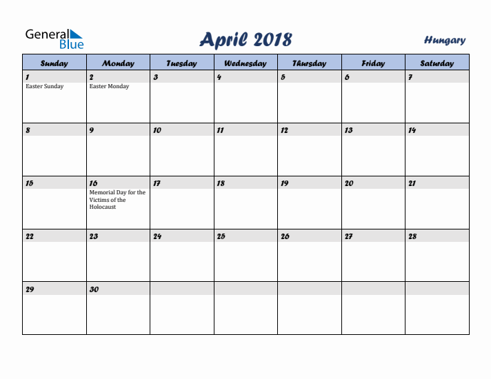 April 2018 Calendar with Holidays in Hungary