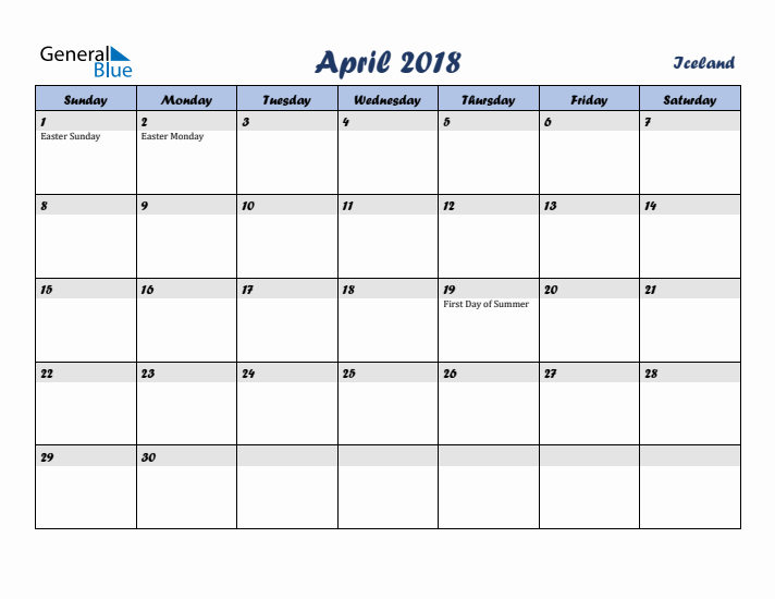April 2018 Calendar with Holidays in Iceland