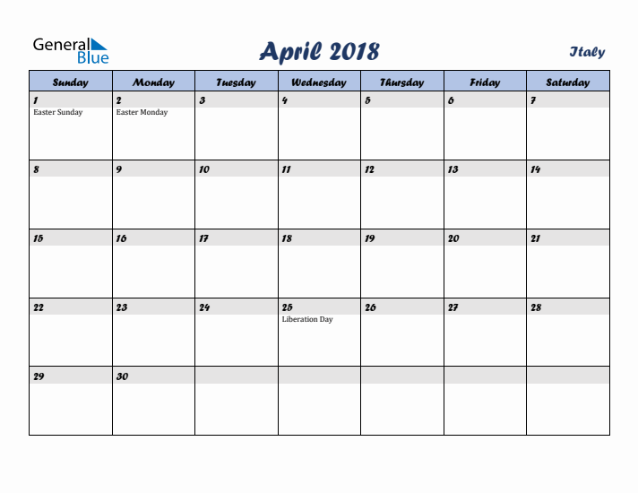 April 2018 Calendar with Holidays in Italy