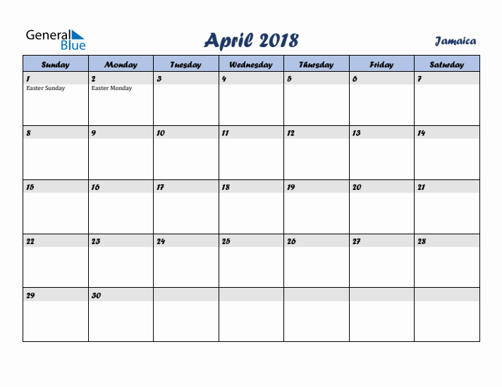 April 2018 Calendar with Holidays in Jamaica