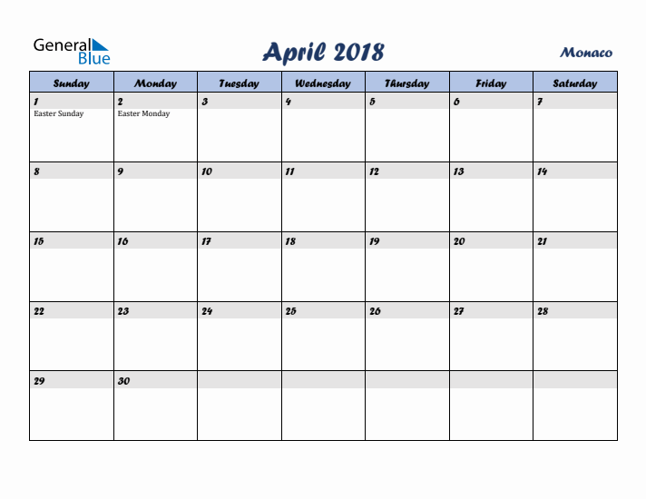 April 2018 Calendar with Holidays in Monaco