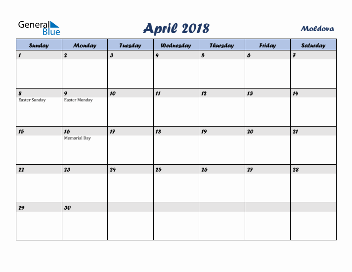 April 2018 Calendar with Holidays in Moldova