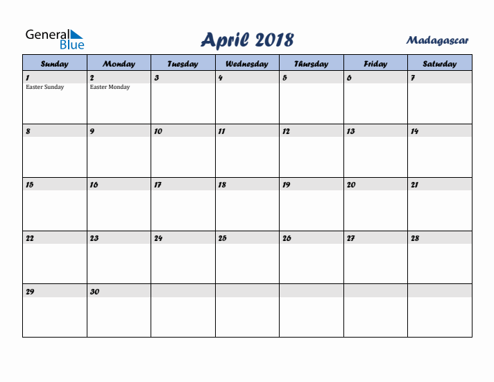 April 2018 Calendar with Holidays in Madagascar