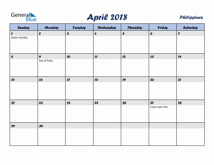 April 2018 Calendar with Holidays in Philippines