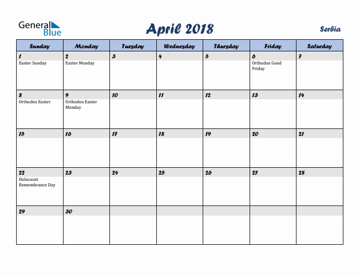 April 2018 Calendar with Holidays in Serbia