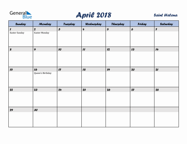April 2018 Calendar with Holidays in Saint Helena