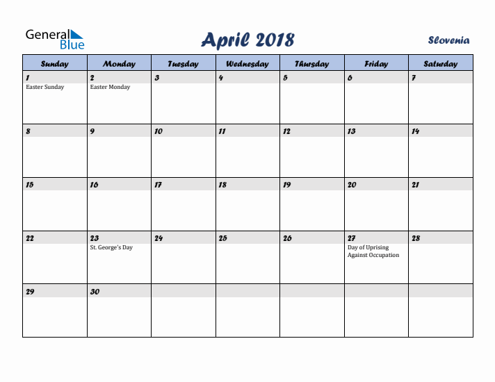 April 2018 Calendar with Holidays in Slovenia