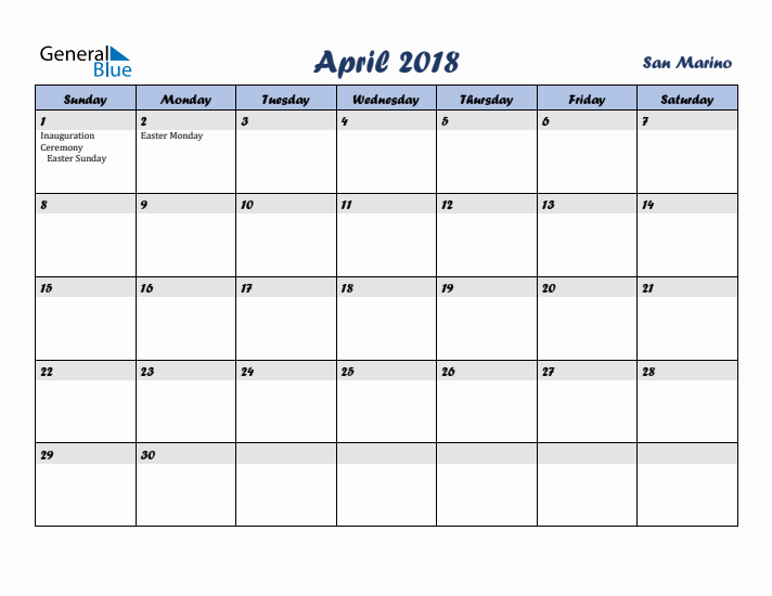April 2018 Calendar with Holidays in San Marino