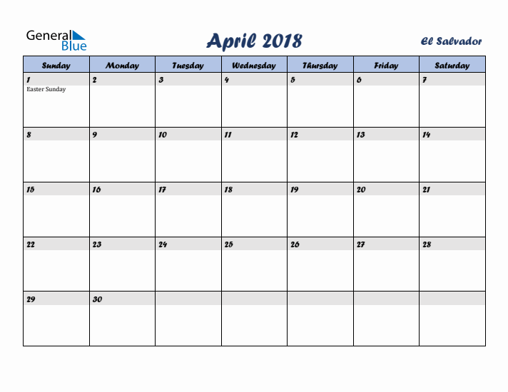 April 2018 Calendar with Holidays in El Salvador