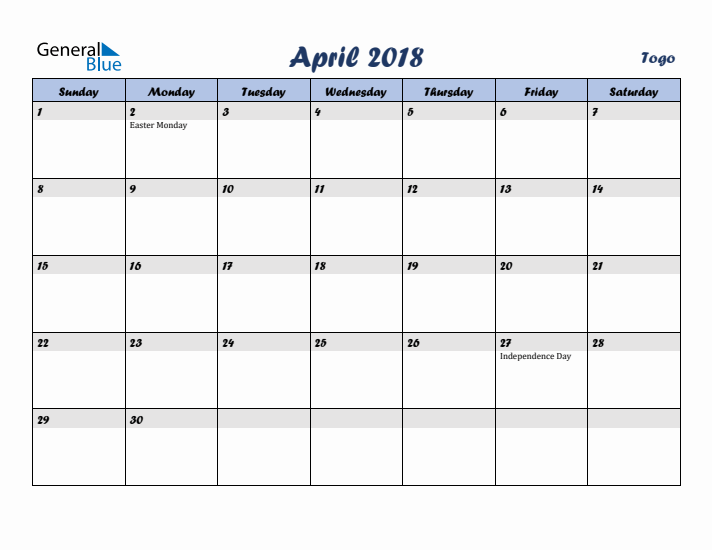 April 2018 Calendar with Holidays in Togo
