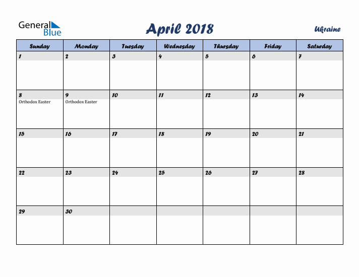 April 2018 Calendar with Holidays in Ukraine