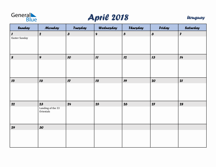 April 2018 Calendar with Holidays in Uruguay