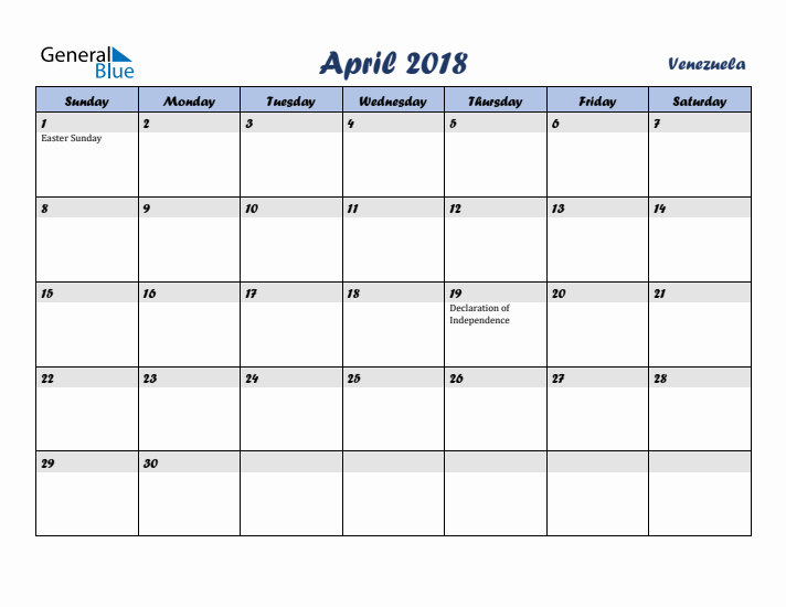 April 2018 Calendar with Holidays in Venezuela