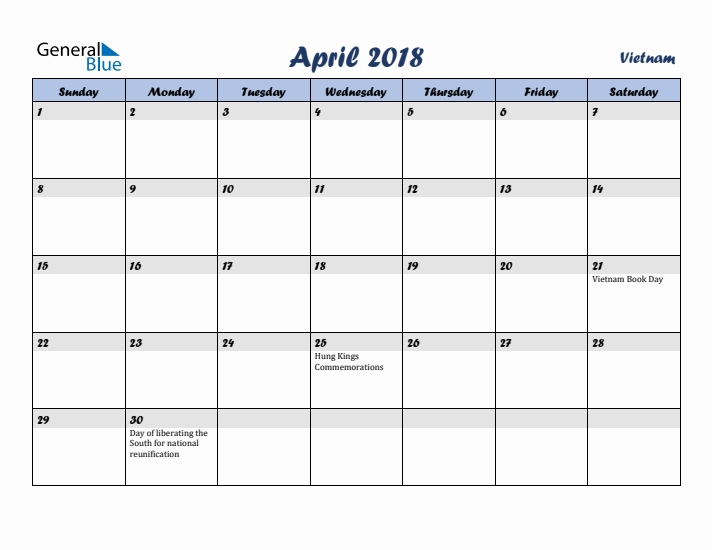 April 2018 Calendar with Holidays in Vietnam