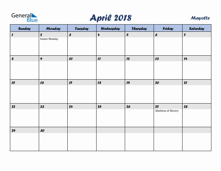 April 2018 Calendar with Holidays in Mayotte