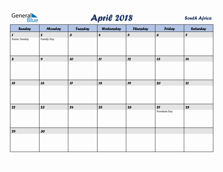 April 2018 Calendar with Holidays in South Africa