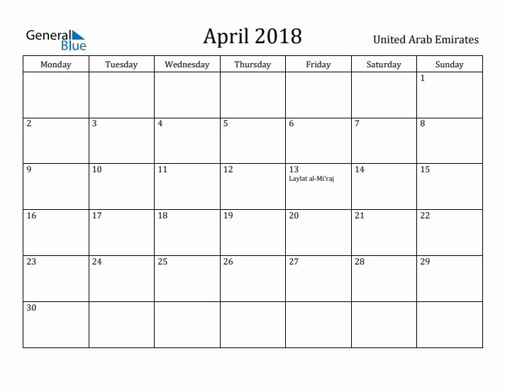 April 2018 Calendar United Arab Emirates