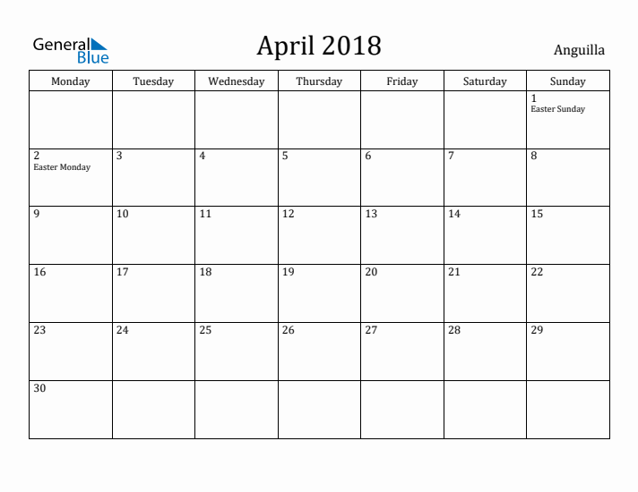 April 2018 Calendar Anguilla
