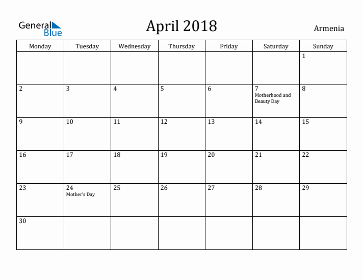 April 2018 Calendar Armenia