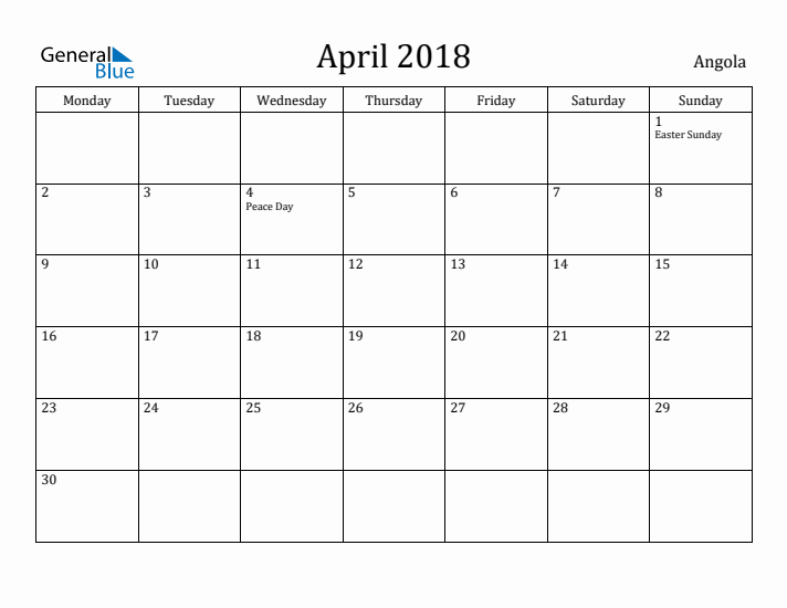 April 2018 Calendar Angola