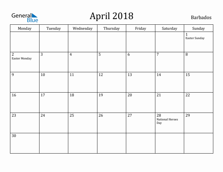 April 2018 Calendar Barbados