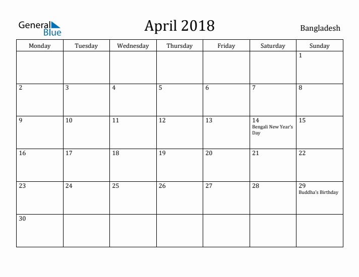 April 2018 Calendar Bangladesh