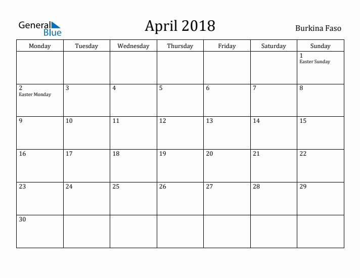 April 2018 Calendar Burkina Faso