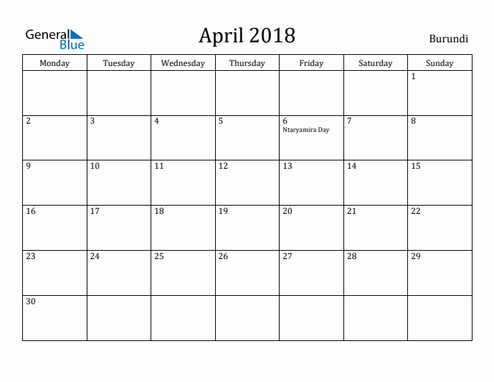 April 2018 Calendar Burundi