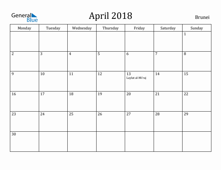 April 2018 Calendar Brunei