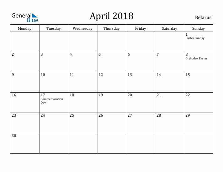 April 2018 Calendar Belarus
