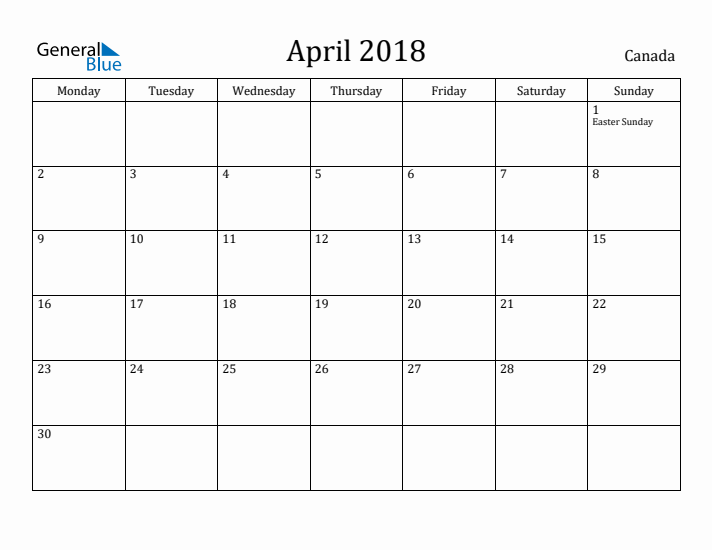 April 2018 Calendar Canada