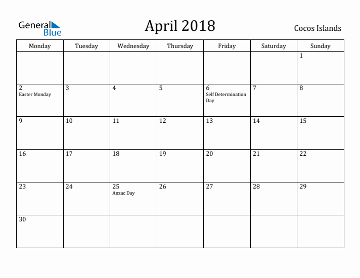 April 2018 Calendar Cocos Islands