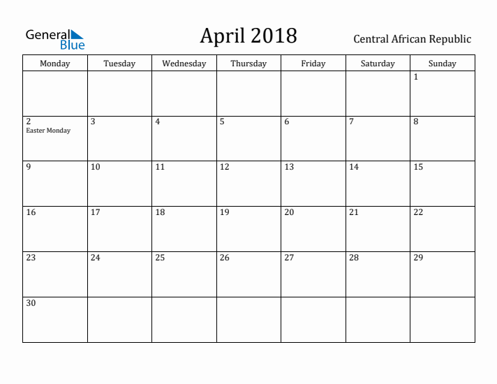 April 2018 Calendar Central African Republic