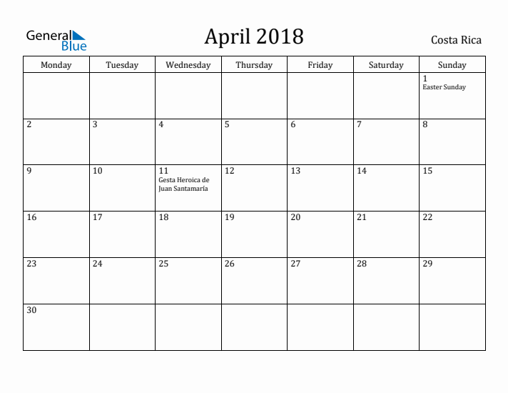 April 2018 Calendar Costa Rica